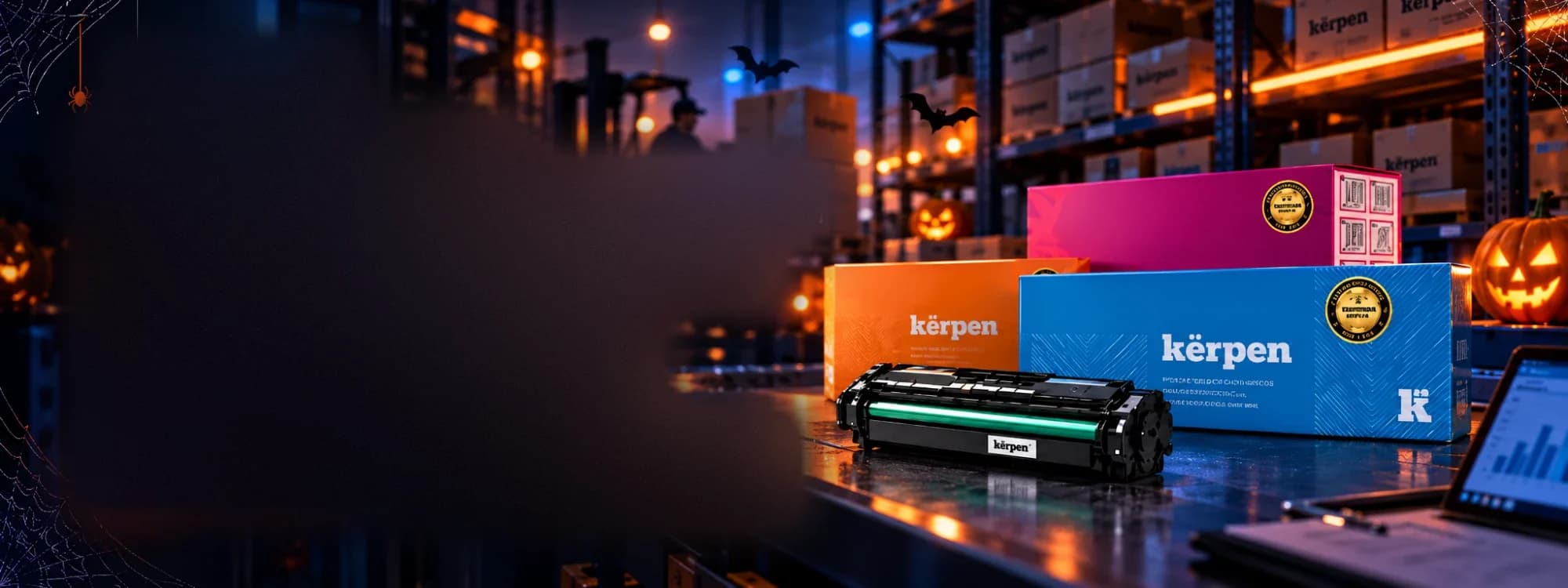 Cajas de tóner Kërpen en un almacén de noche