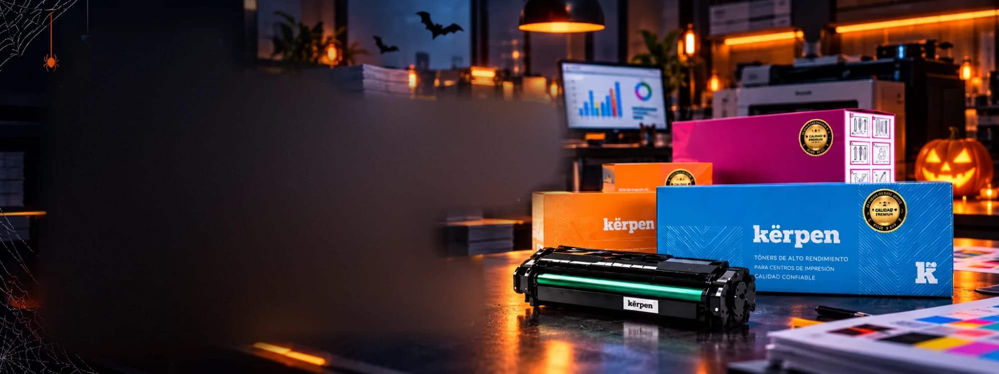 Cajas de tóner Kërpen en un centro de impresión de noche
